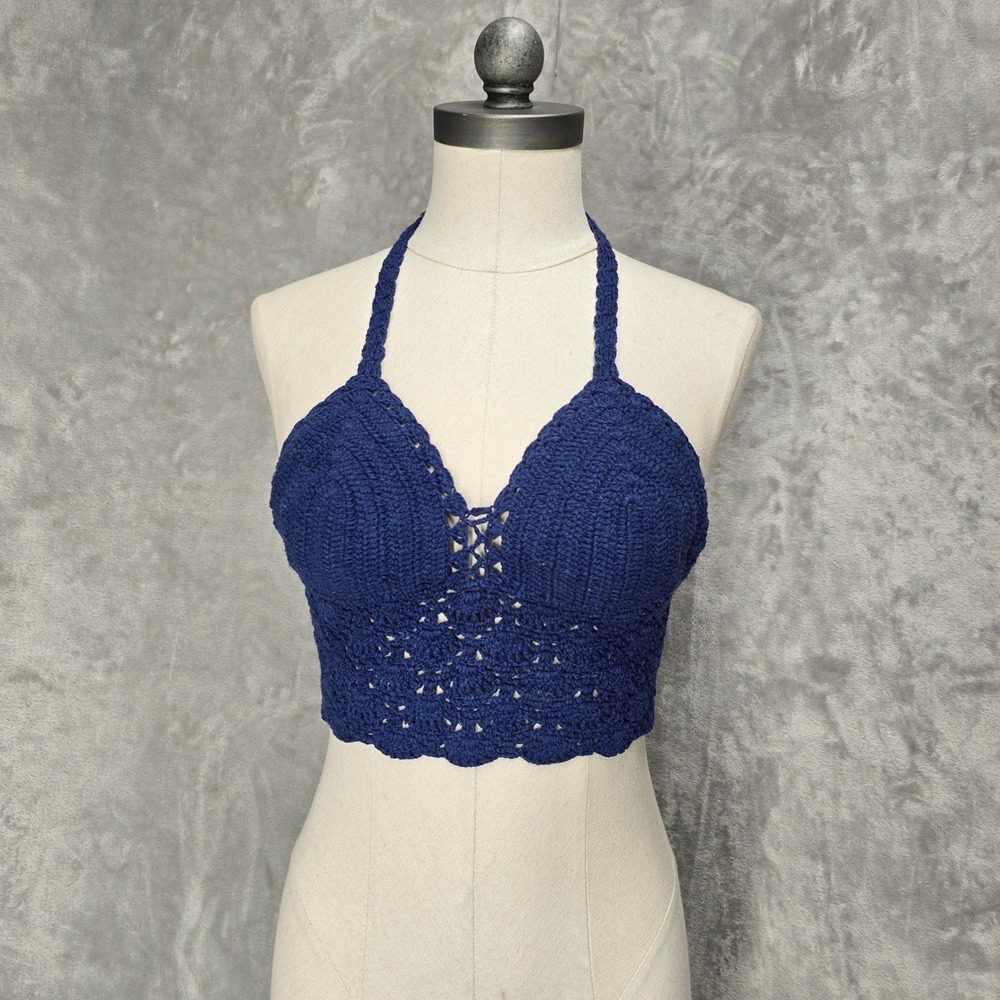 Handmade‎ Crochet Halter L Crop Top Navy Blue Cotton Knit Boho Bralette Festival